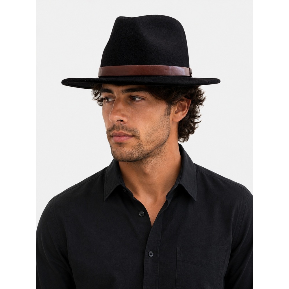 Brixton Messer Black Wool Felt Fedora Hat Brown Faux Leather Band Size S 56cm